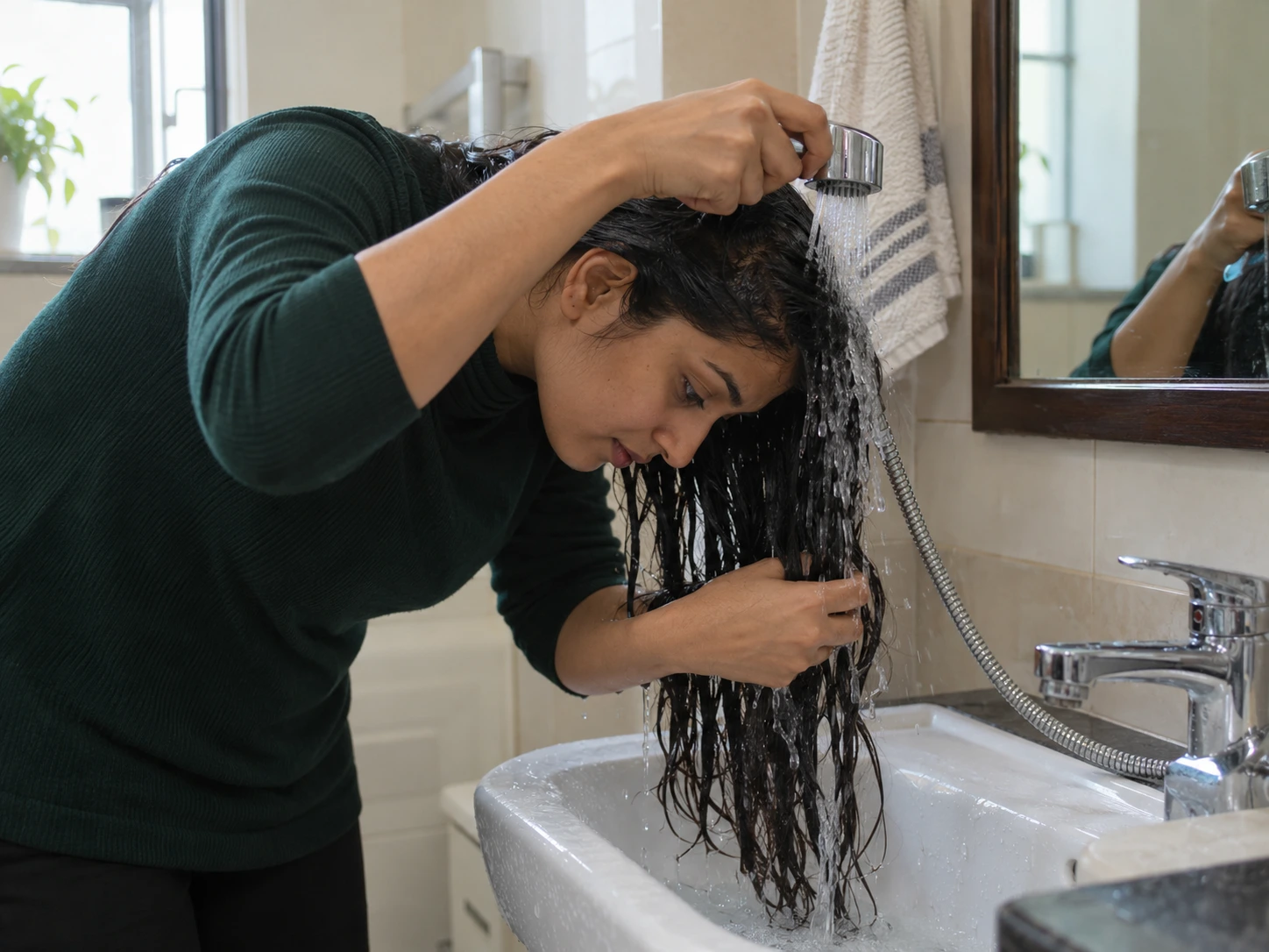 Woman wetting her hair at home