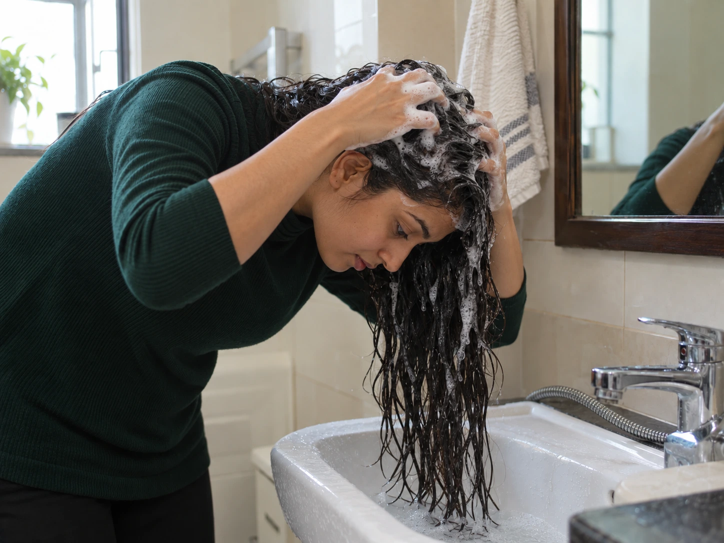 Woman massaging shampoo into her hair at home