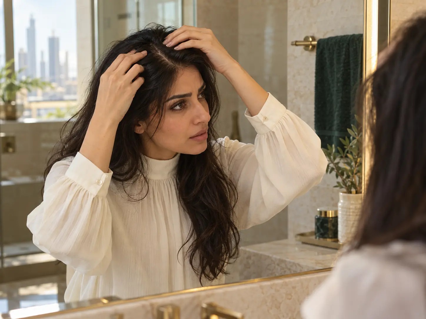 Woman checking her scalp in a mirror