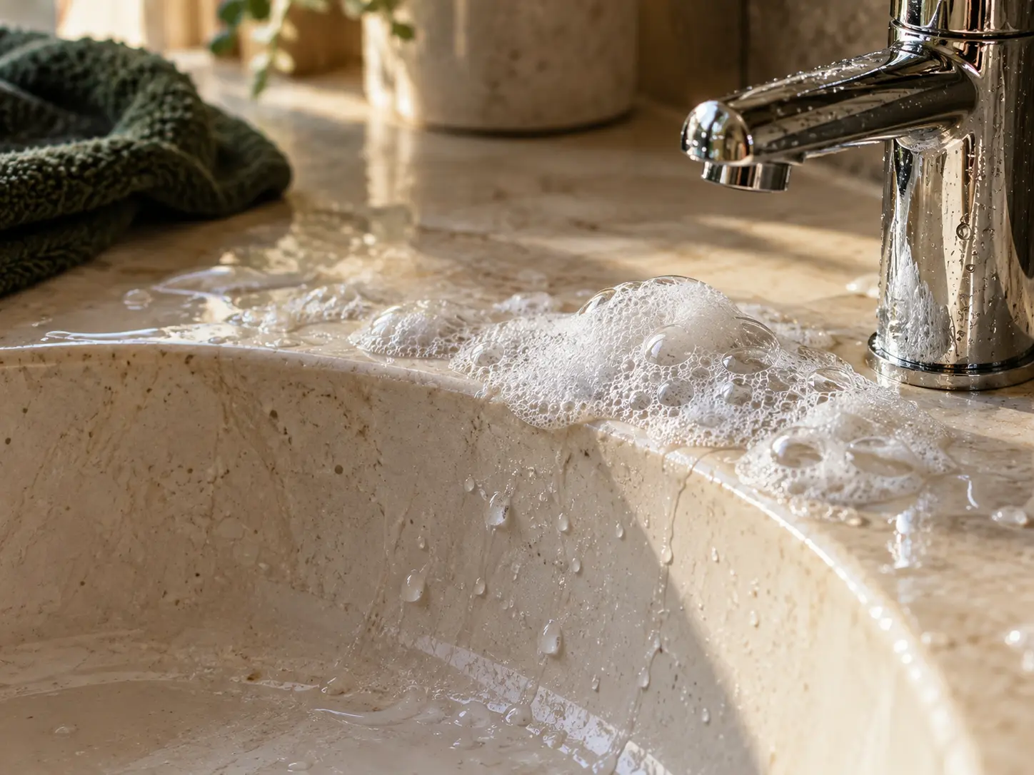 Soft cleansing foam on a bathroom sink