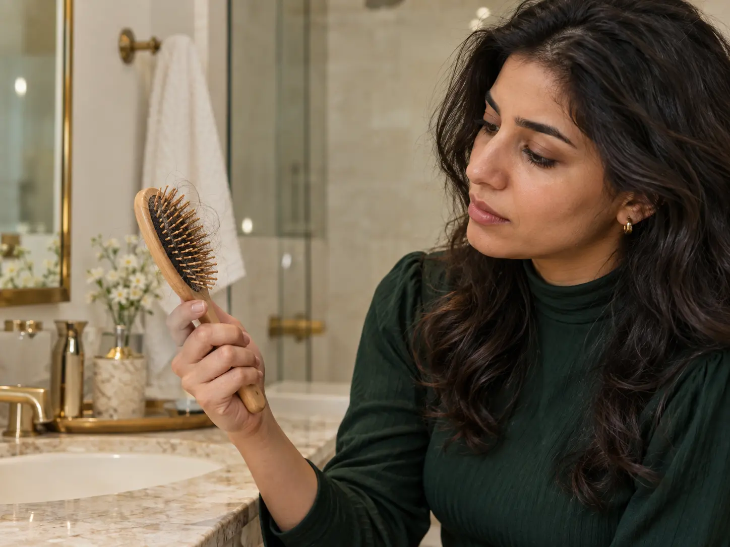 Woman noticing loose hair strands on a brush