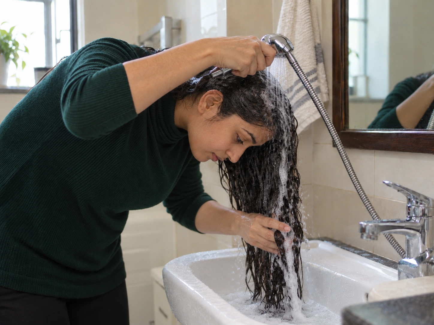 Woman rinsing shampoo from her hair at home