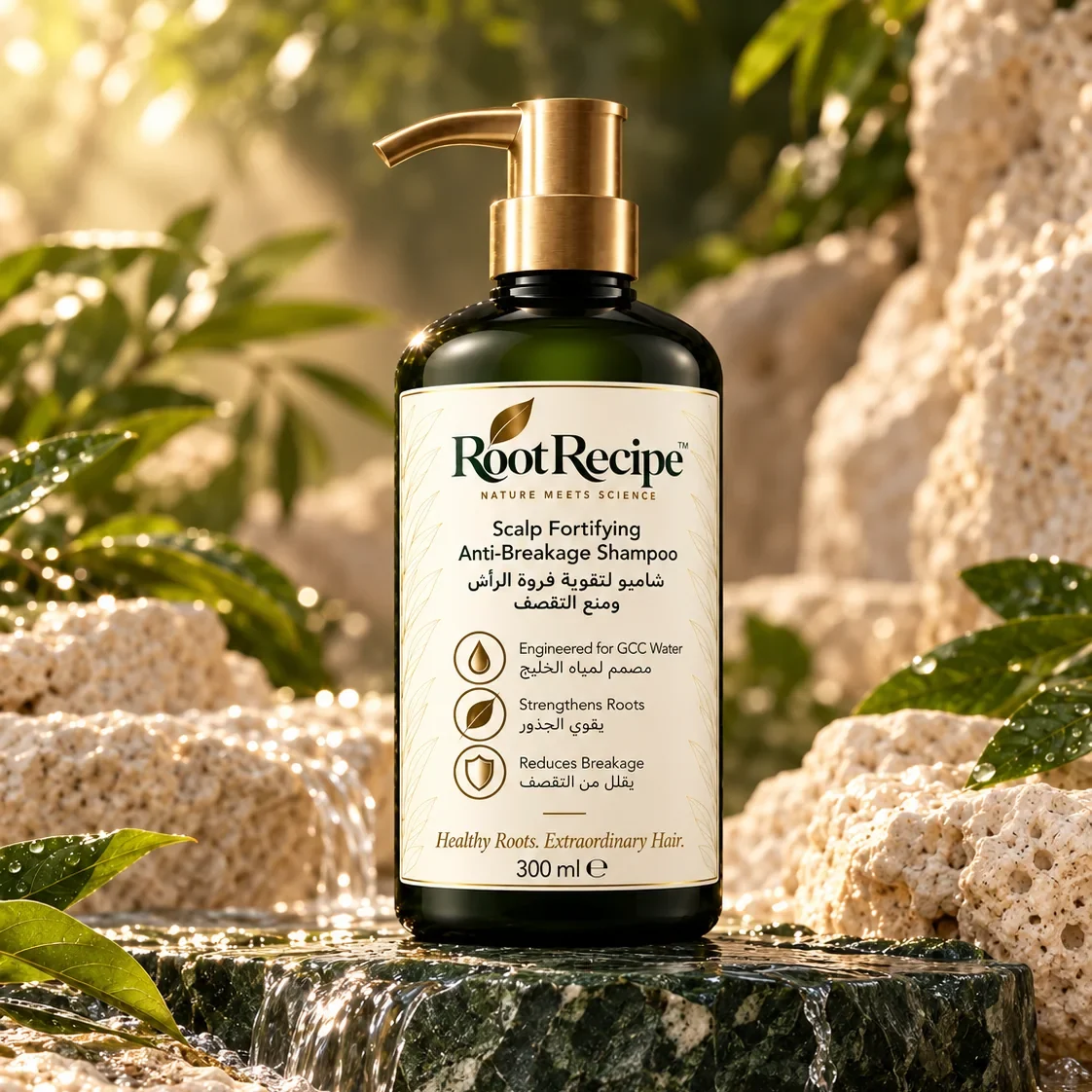 RootRecipe Scalp Fortifying Anti-Breakage Shampoo on a limestone display