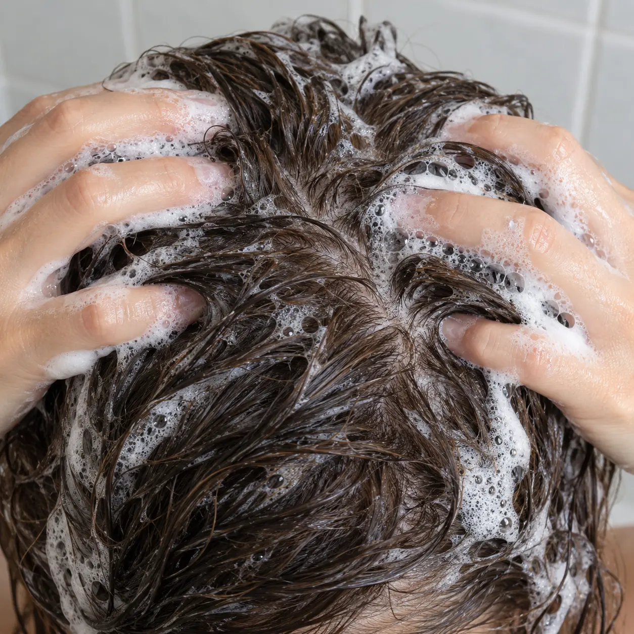 Close-up of hands gently massaging shampoo into wet hair