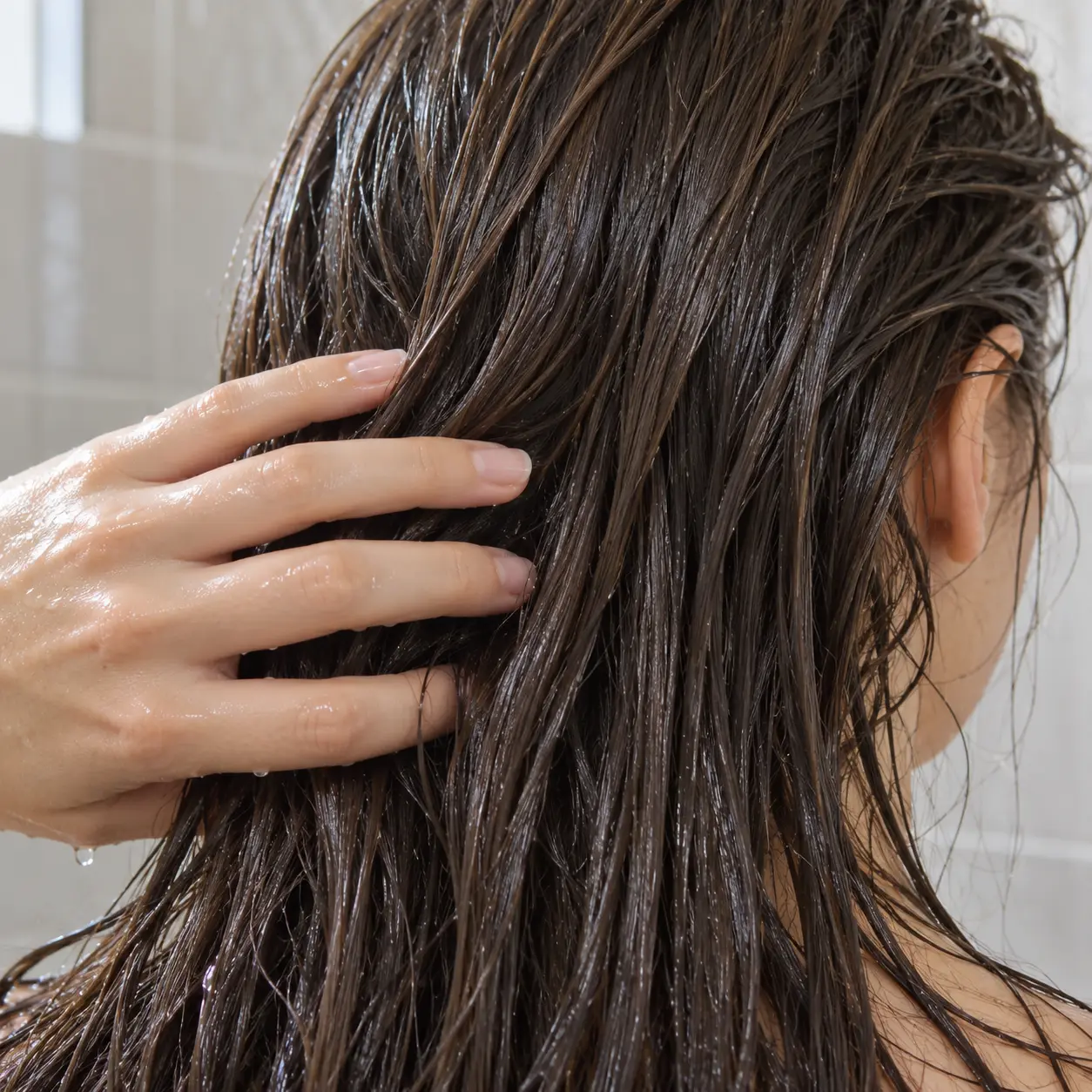 Hand smoothing freshly rinsed wet hair